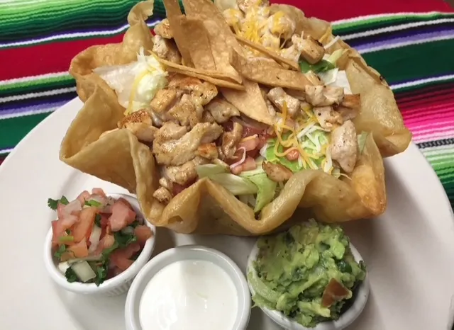 Taco salad bowl in a crisp flour tortilla shell