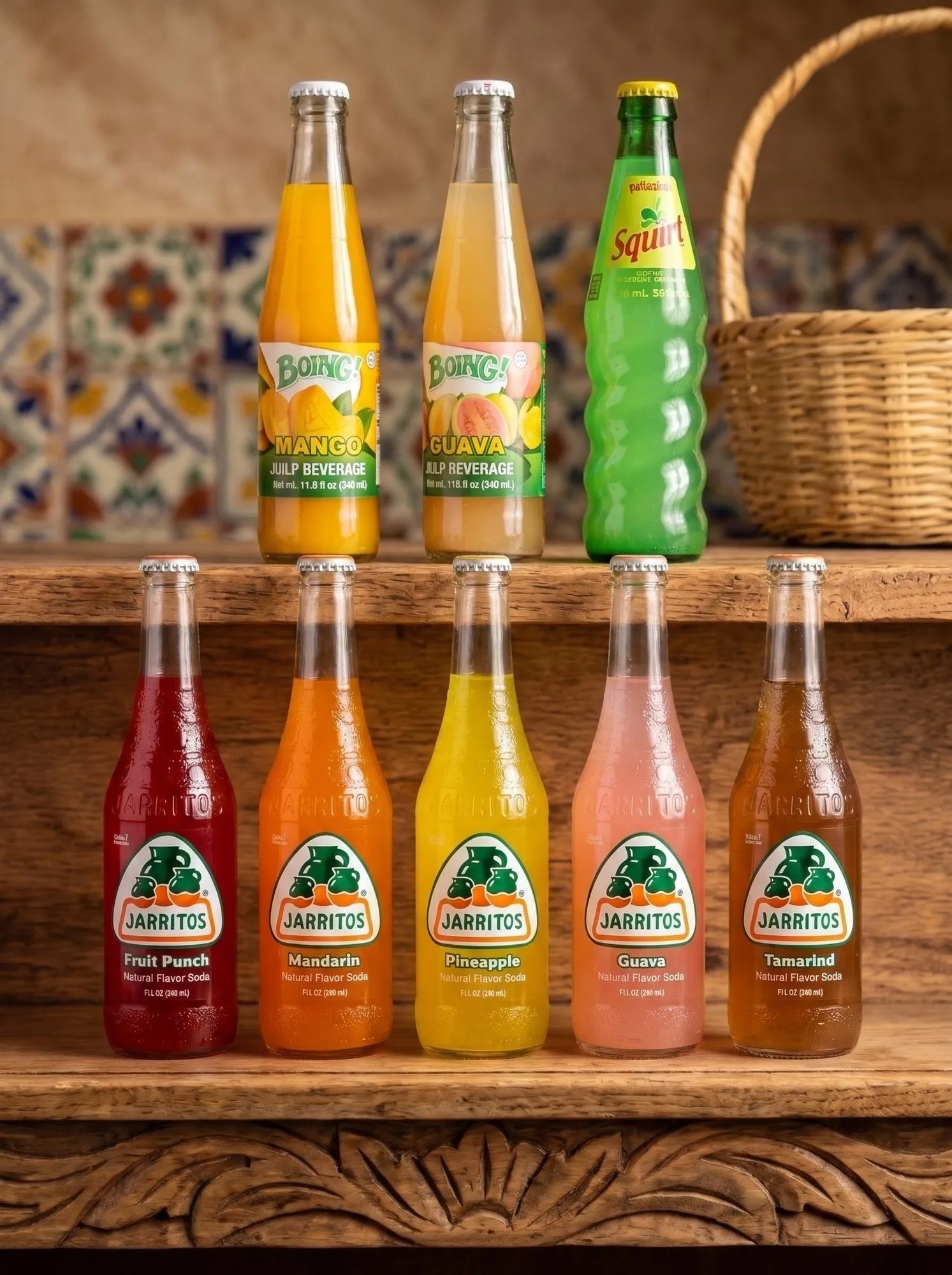 Jarritos, Boing and Squirt sodas in glass bottles on a wooden shelf